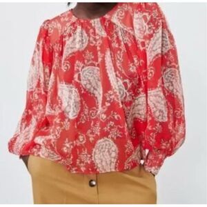 ZARA red paisley peasant babydoll boho festival shirt top Sz S